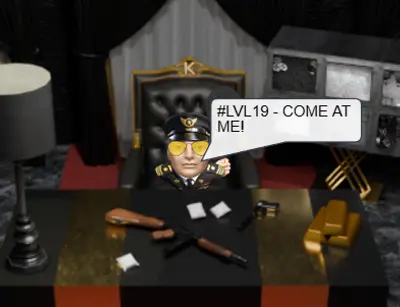 Direktøren sidder i sit kontor og uddeler missioner i Skyskraber – dansk chatunivers med NPC'er, missioner og et helt level-system