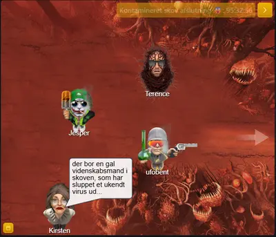 Avatarer udforsker den kontaminerede skov og møder NPC'er med missioner i Skyskraber – dansk chat med eventyr, missioner og unikke verdener at udforske