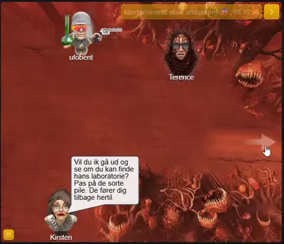 Video der viser gameplay fra en mission i Skyskrabers kontaminerede skov – oplev dansk chat med eventyr og missioner i realtid