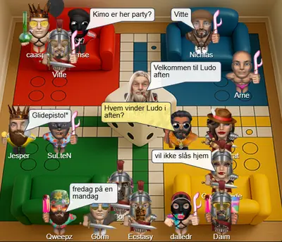 Brugere spiller ludo mod hinanden i et farverigt chatrum i Skyskraber – online chat dk med brætspil, turneringer og fælles aktiviteter