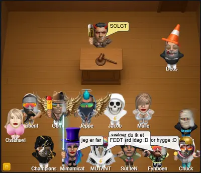 Brugere byder på sjældne ting til en live auktion med auktionarius i Skyskraber – dansk chat portal med økonomi og markedsplads