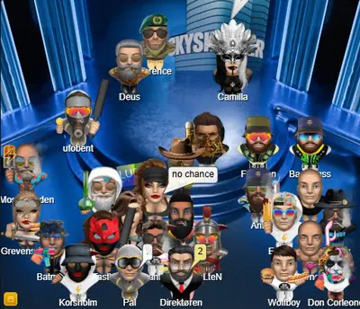 Over 20 avatarer samlet i Skyskrabers hovedchatrum – Danmarks mest aktive chatunivers med gratis online chat og unikt avatar-system